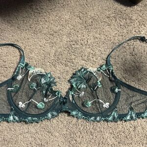 Teal Sheer Lace Bra with Floral Embroidery